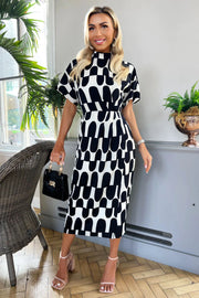 Ella Black and Cream Abstract Print High Neck Midi Dress