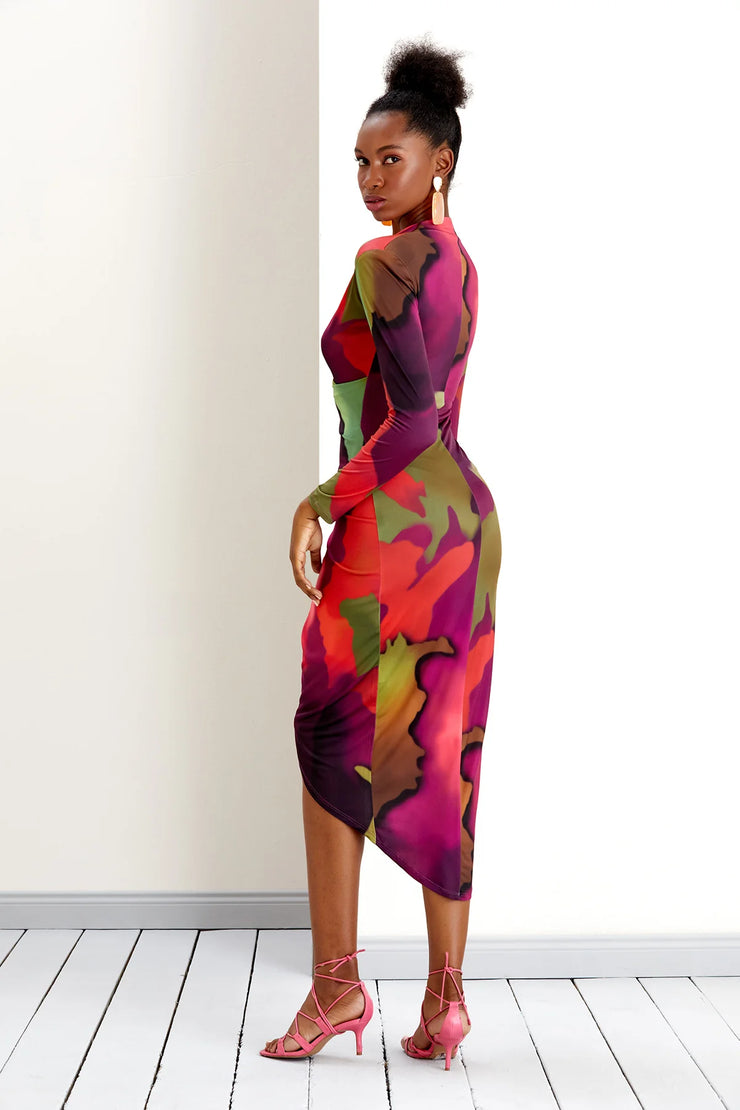 Laurie Multi Tie Dye Print Long Sleeve Wrap Style Dress