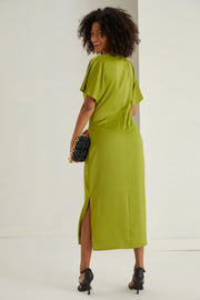 Farra Lime Green Twist Detail Satin Midi Dress