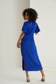 Farra Cobalt Blue Twist Detail Satin Midi Dress