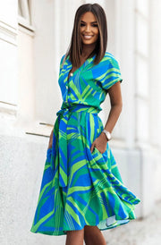 Zoey Green Abstract Print Belted Midi Dress