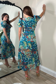 Shannon Blue Floral Sweetheart Neckline Midi Dress