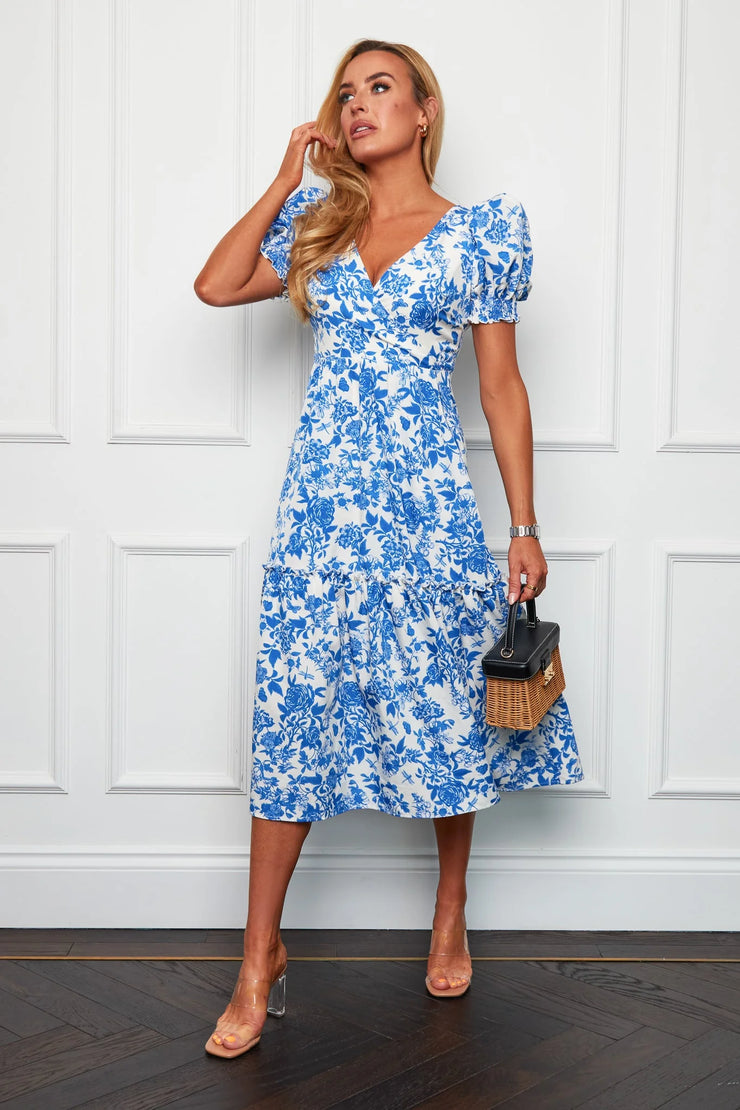 Corey Blue Floral Print Wrap Style Tiered Midi Dress