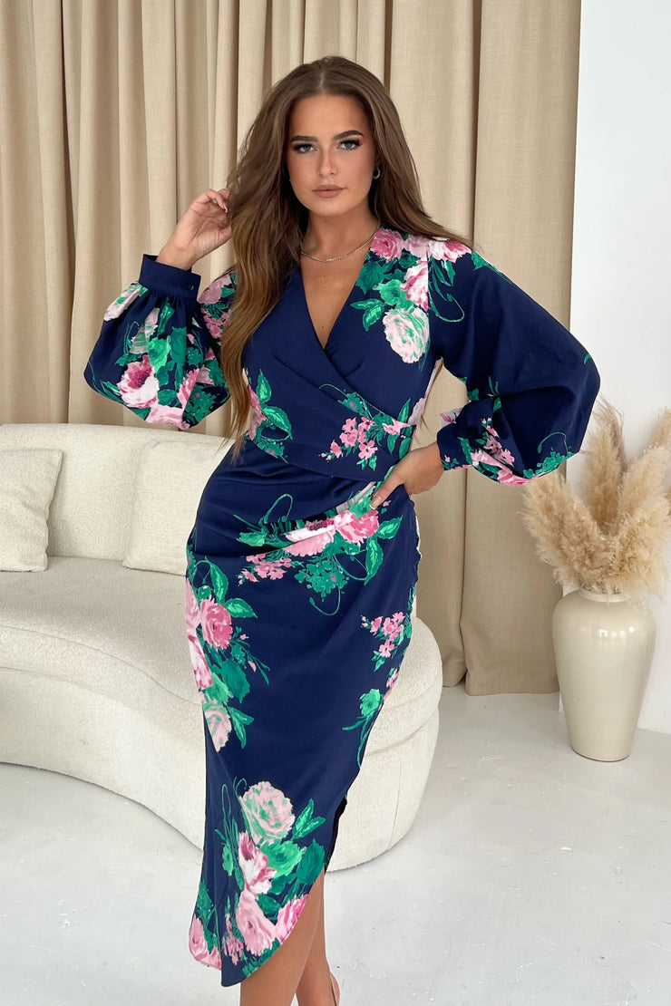 Alexa Navy Pink Floral Asymmetric Long Sleeve Dress seefrasernow Boutique