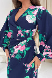 Alexa Navy Pink Floral Asymmetric Long Sleeve Dress