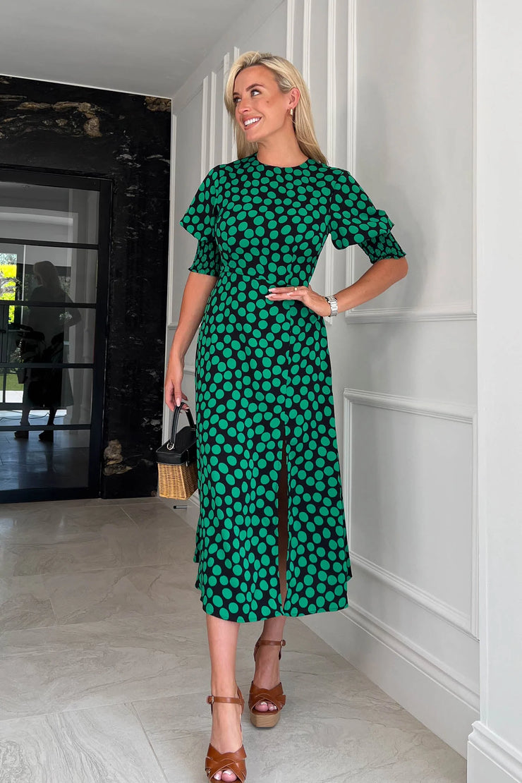 Bernie Green Polka Dot Shirred Cuff Midi Dress