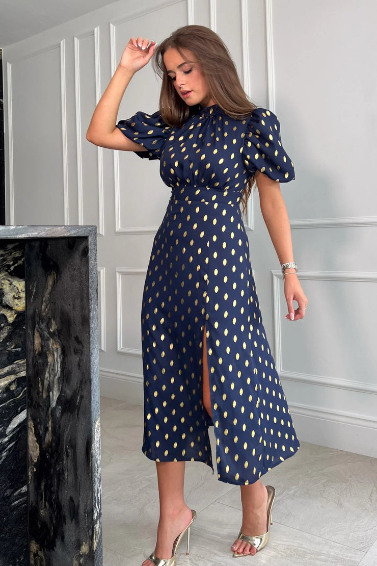 Lilly Navy Gold Foil Print Puff Sleeve Midi Dress