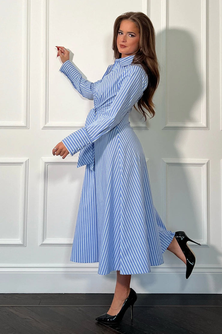 Lil Blue Pin Stripe Tie Front Shirt Dress