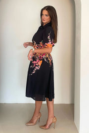 Anya Black Floral Boarder Print Belted Midi Dress