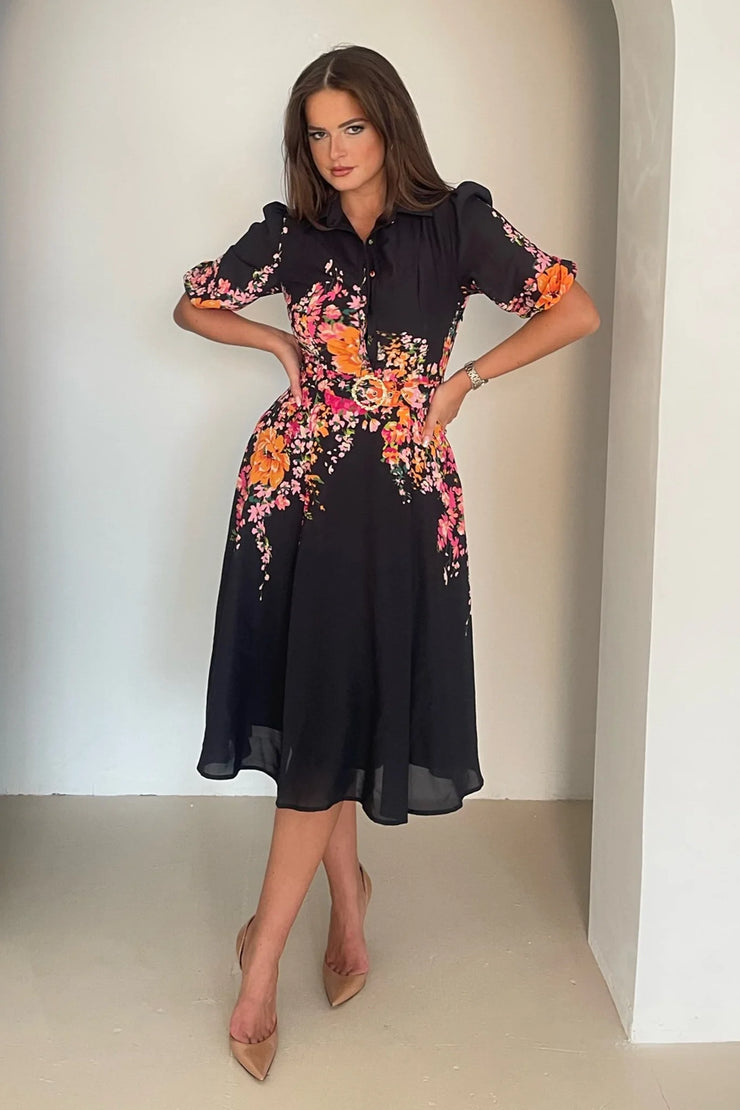 Anya Black Floral Boarder Print Belted Midi Dress