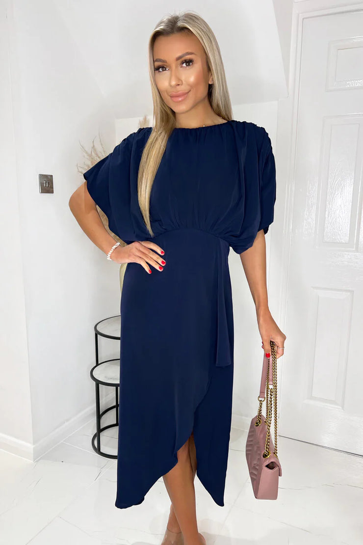 Destiny Navy Batwing Top Wrap Skirt Midi Dress