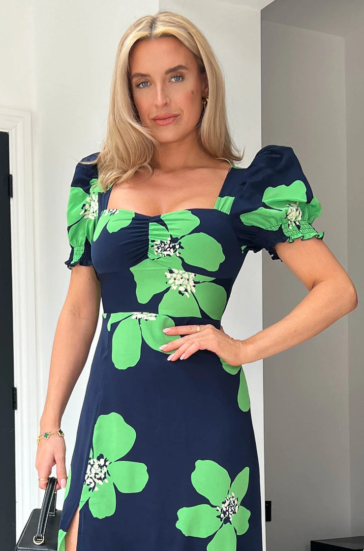 Monroe Navy Green Floral Sweetheart Midi Dress