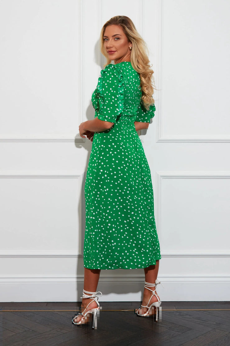 Carly Green Polka Dot Frill Sleeve Midi Dress