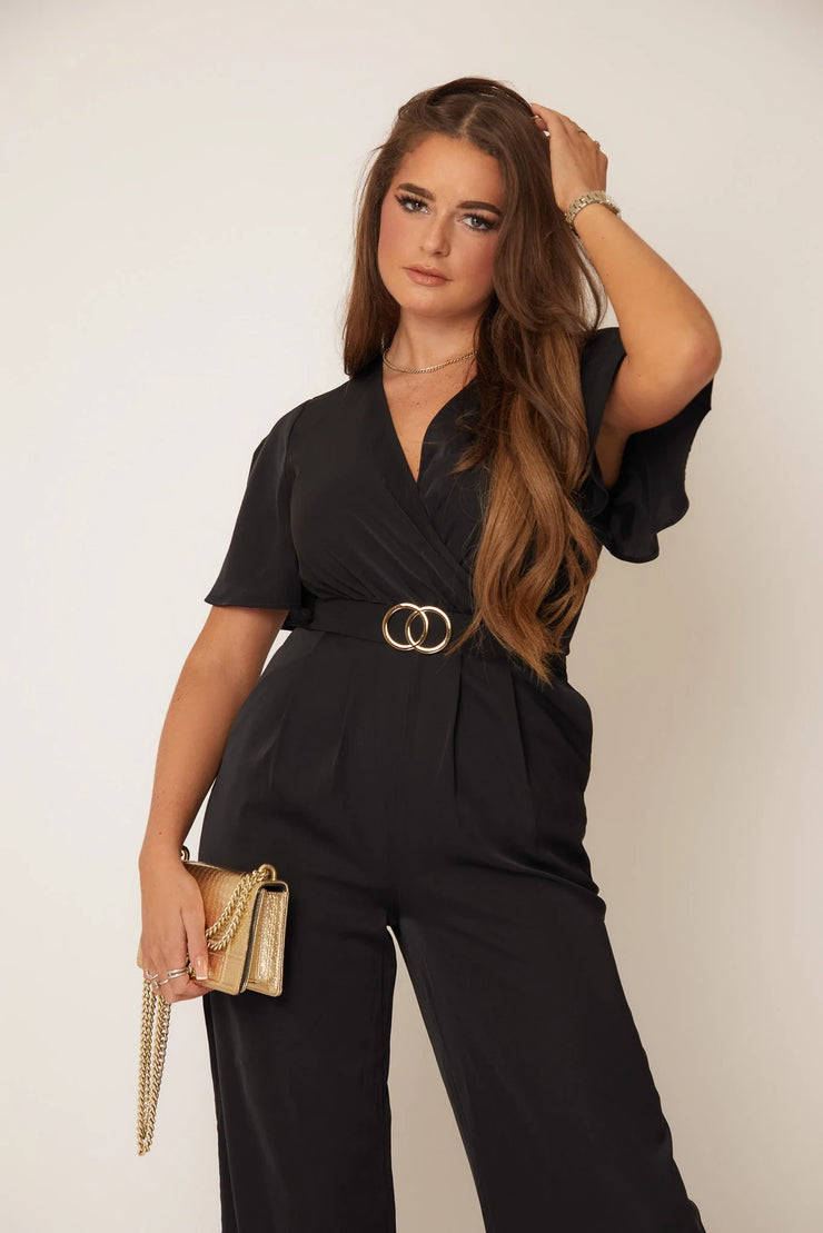 Sallie Black Short Sleeve Belted Jumpsuit