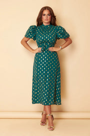 Lilly Emerald Green Gold Foil Print Puff Sleeve Midi Dress