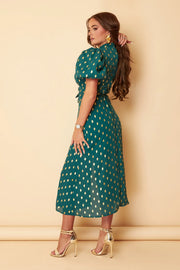 Lilly Emerald Green Gold Foil Print Puff Sleeve Midi Dress