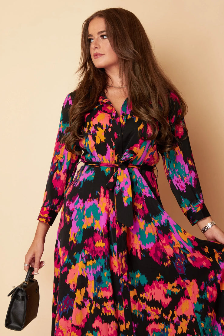 Dora Multi Print Abstract Shirt Pocket Maxi Dress