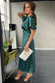 Jojo Green with Gold Foil Print Angel Sleeve Midi Dress