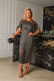 Jojo Black with Gold Foil Print Angel Sleeve Midi Dress