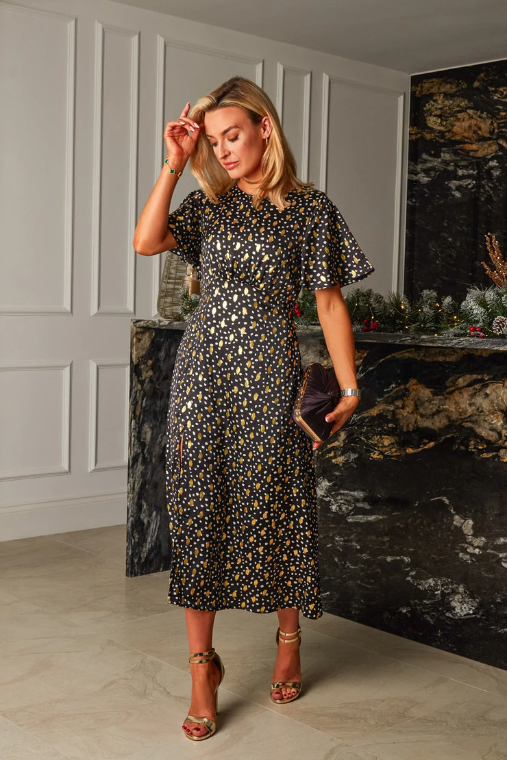 Jojo Black with Gold Foil Print Angel Sleeve Midi Dress