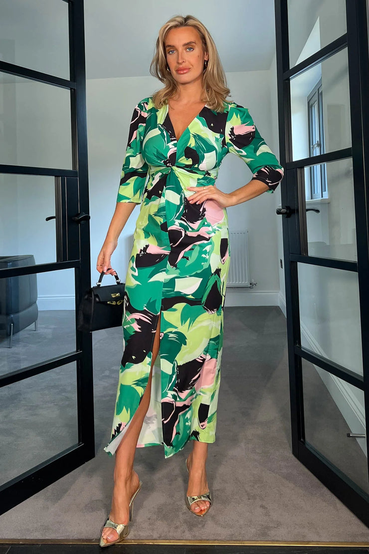 Donna Green and Pink Floral Twist Front Midi Dress