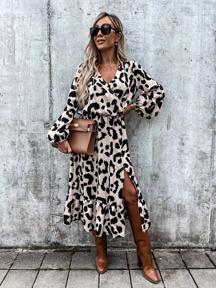 Avery Beige Animal Print Wrap Front Midi Dress